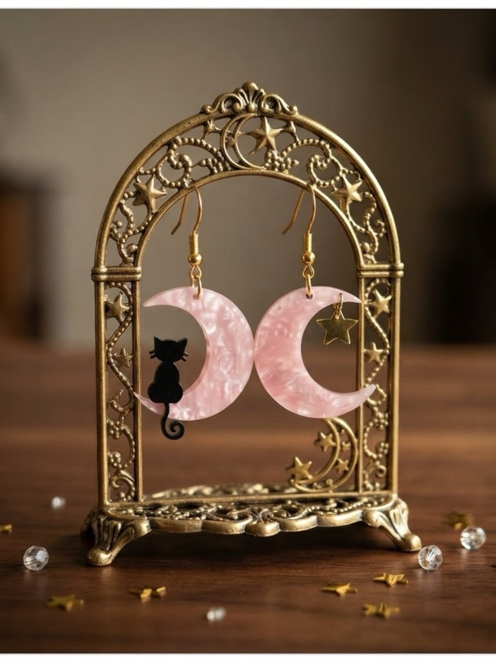 Pink Crescent Moon Cat & Star Drop Earrings - Picture 2 of 3